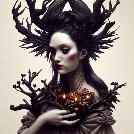 Image similar to fantasy portrait of a woman made of obsidian and smoke, carved Japanese Sakura wood organic overgrowth, holding nevermore, peter mohrbacher, artgerm, James Jean