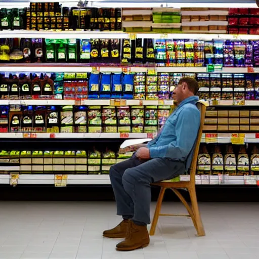 Image similar to a man in a store at 3 in the night he's bored and sitting on his chair working on a supermarket and there's only one light on