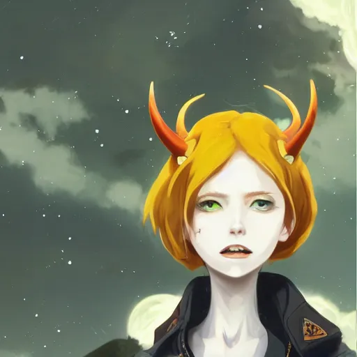 Image similar to a pale redheaded demoness with yellow eyes and horns wearing a jacket, galaxy background, highly detailed, digital painting, artstation, matte, by makoto shinkai, animation style, studio ghibli
