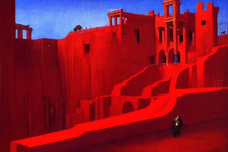 Image similar to only with red, a red melted emperor, taormina amphitheatre, crowd hails him happy, in the style of beksinski, parts by edward hopper, parts by rodcenko, parts by yue minjun, intricate and epic composition, red by caravaggio, insanely quality, highly detailed, masterpiece, red light, artstation, 4 k