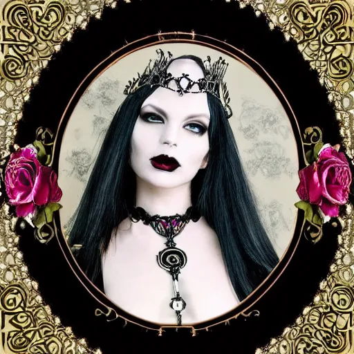 Image similar to gothic style necklace of a vampiress on a rose throne walks in dark beauty with ornamental garments with artnouveau framed bezel highly detailed