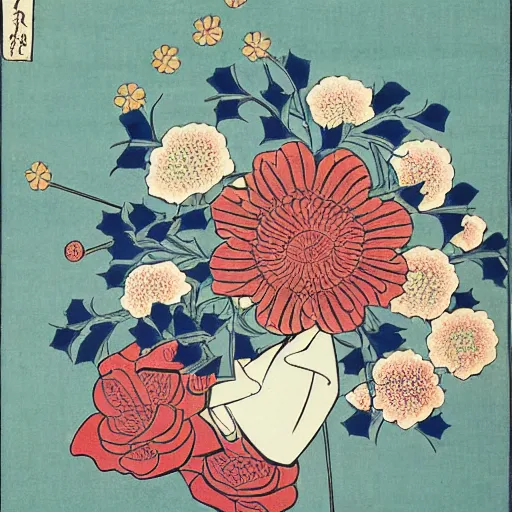 Image similar to bouquet of flowers, centered, symmetrical, ukiyo-e style, Hokusai, Hiroshige