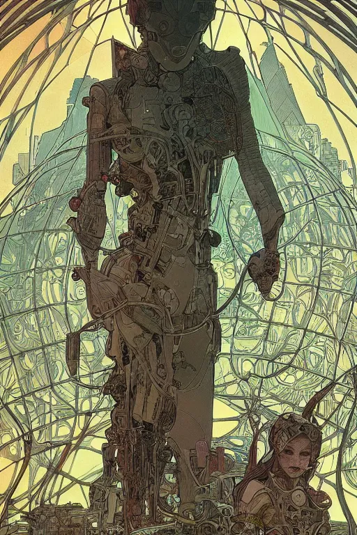 Prompt: comic book illustration, a very tall structure hovers 10 feet above the ground, scorched and cracked earth is below it and a young girl stands looking at it, cyberpunk concept art by Moebius and Alphonse Mucha, highly detailed, intricate, sci-fi, sharp focus, Trending on Artstation HQ, deviantart