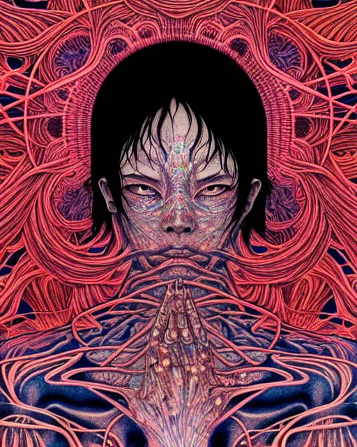 Image similar to human spirit breaking away from the body, conjuring psychedelic background, part by takato yamamoto, part by alex gray, ross tran, james jean, ultra realistic, octane render, highly detailed, 8 k, trending on artstation, cosmic, symmetry, masterpiece