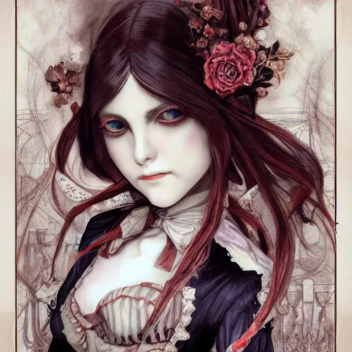 Image similar to portrait of alice, alice madness returns, baroque style, elegant, beautiful, mesmerizing, concept art, fancy clothing, highly detailed, artstation, behance, deviantart, inspired by innocent manga, inspired by castlevania concept art, trending, ayami kojima, shinichi sakamoto