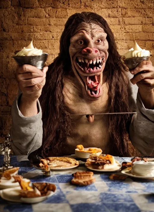 Image similar to closeup portrait of a medieval goblin eating cakes in the abbey, depth of field, zeiss lens, detailed, symmetrical, centered, fashion photoshoot, by annie leibovitz and steve mccurry, david lazar, jimmy nelsson, breathtaking, 8 k resolution, extremely detailed, beautiful, establishing shot, artistic, hyperrealistic, beautiful face, octane render