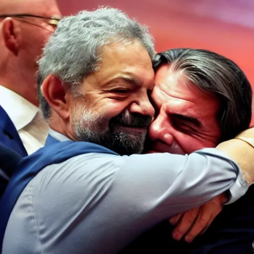 Prompt: lula tenderly hugging bolsonaro