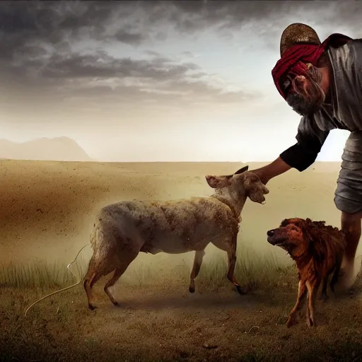 Image similar to photographic portrait of angered Mediterranean skinned man in ancient Canaanite farmer clothing fighting a Mediterranean skinned shepherd in ancient Canaanite shepherd clothing, farm field background, sharp detail, hyper realistic, foggy atmosphere, intense facial expression, octane render