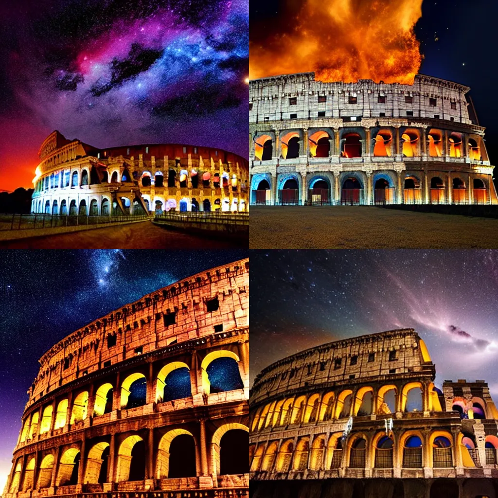 Prompt: Colosseum burning to the ground, galaxy sky night