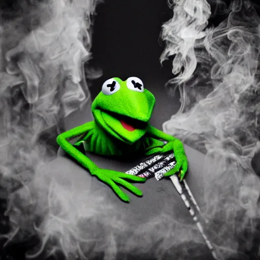 Prompt: kermit the frog on a drug and alcohol fueled binge, cigaretts, flames, hookers, hyper realistic, photography, dark vibes
