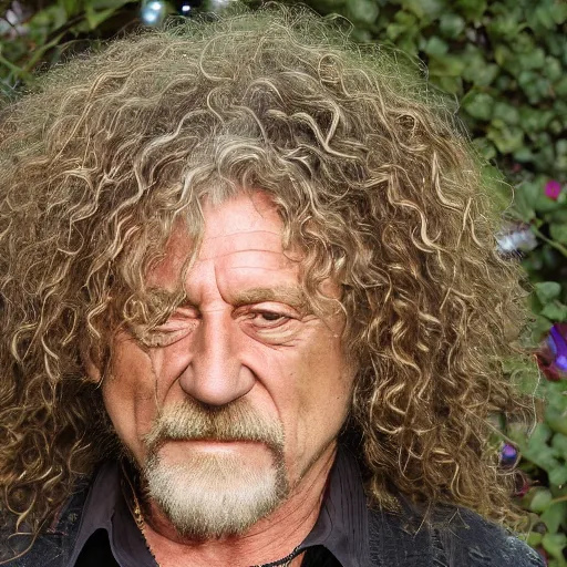 Image similar to robert plant with vines and flower pedals for hair in a large potting container 4 k