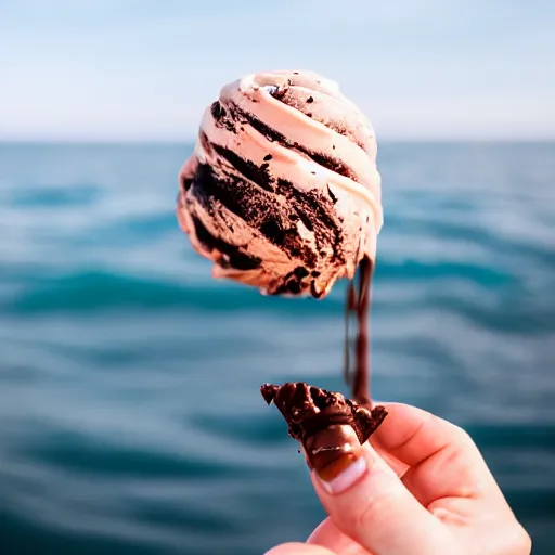 Prompt: a detailed photograph of a levitating chocolate-bacon swirl ice cream cone hovering over the ocean