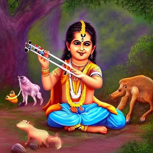 Image similar to photorelastic ,Young Krishna playing flute in forest and all animals listen his melodious music , Zoom out ,artstation, devainart ,illustration, scenery,