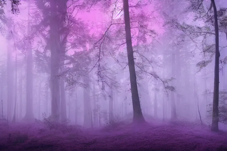 Image similar to ancient magical dark forest, tall purple and pink trees, moonlit, winding path lined with bioluminescent mushrooms, neonlike fireflies, pale blue fog, mysterious, eyes in the trees, cinematic lighting, photorealism