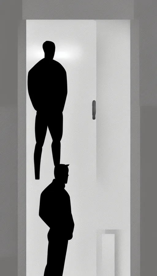 Image similar to concept art by jama jurabaev, cinematic shot, trending on artstation, high quality, brush stroke, sharp corners, black and white, reflective rectangular, a man's silhouette standing outside of a door