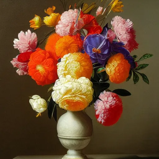 Image similar to A still life painting of a vase of flowers, with a bright and colorful palette, by Dutch artist Jan van Huysum