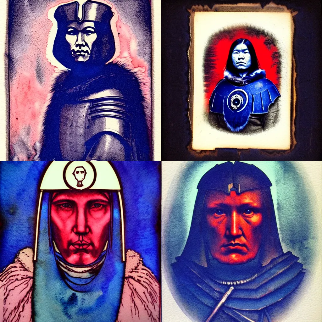 Prompt: luminist chiaroscuro ambrotype etching portrait!!!!!!, inuk legionary, futuristic, furs, vibrant colors, cobalt blue and pyrrol red, ( art nouveau ), ( ( watercolor wash over inks ) )