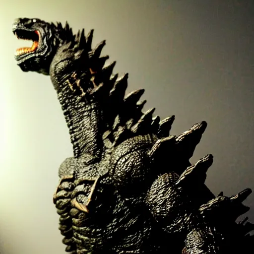 Image similar to Godzilla made out of rusty metal gear, we can also see wires, photorealistic, studio lighting, bokeh