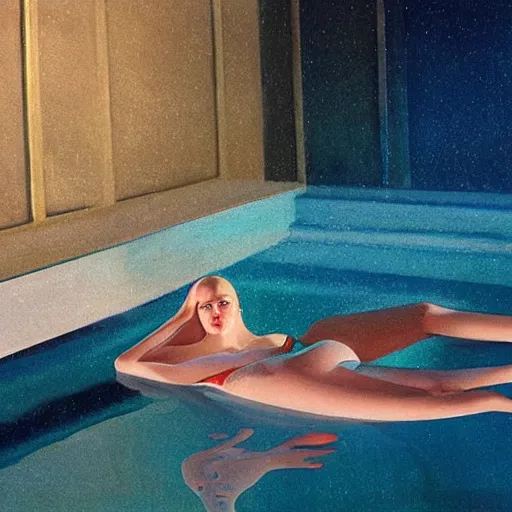 Prompt: Elle Fanning submerged in a pool at night in the world of Edward Hopper, stormy weather, streetlights, extremely detailed masterpiece, oil on canvas, low-key neon lighting, artstation, Blade Runner 2049, Roger Deakin’s cinematography, by J. C. Leyendecker and Peter Paul Rubens,