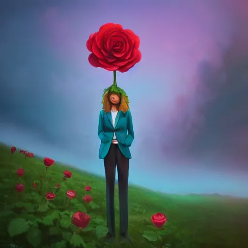 Image similar to closeup, giant rose flower head, frontal, girl in a suit, surreal photography, sunrise, blue sky, dramatic light, impressionist painting, digital painting, artstation, simon stalenhag