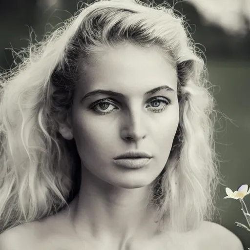 Image similar to vintage photograph of an olive skinned blonde female model in her twenties looking down, her hair pinned up with flowers, wearing a designer top, looking content, focused on her neck, photo realistic, extreme detail skin, natural beauty, no filter, slr, golden hour, 8 k, high definition, selfie