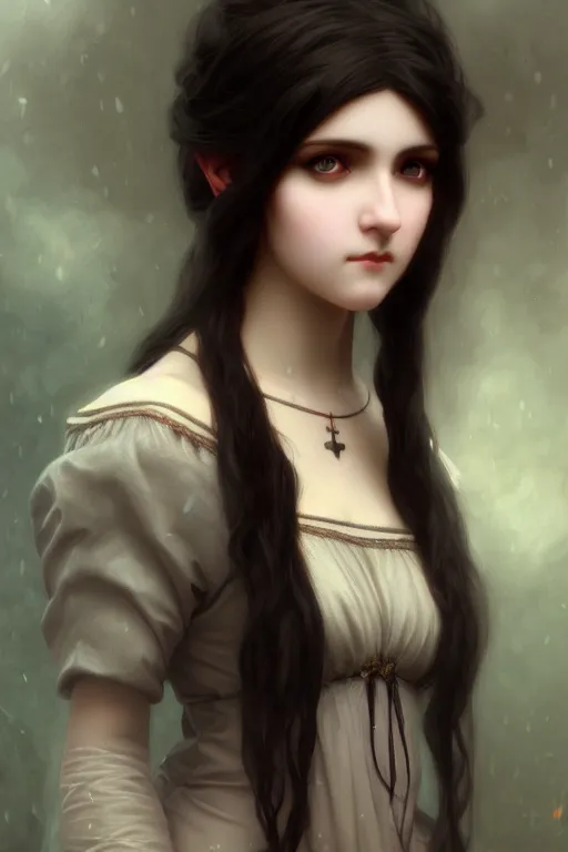 Prompt: a portrait of a beautiful dark hair waif girl gothic, bored, illustration, soft lighting, soft details, painting oil on canvas by Edmund Blair Leighton and Charlie Bowater octane render trending on artstation, 4k, 8k, HD