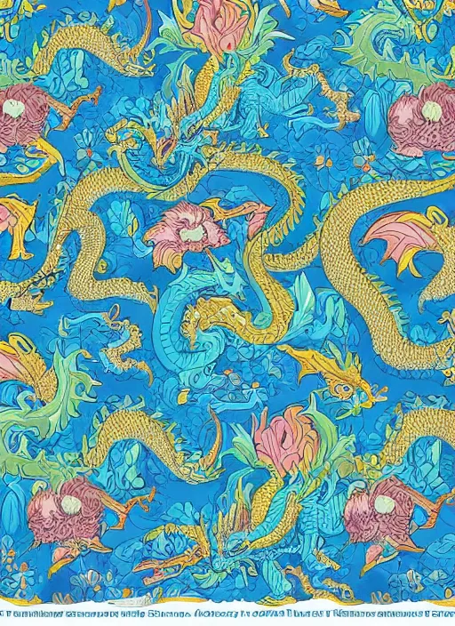 Image similar to ancient dragon and flowers fabric design pattern, 4 k