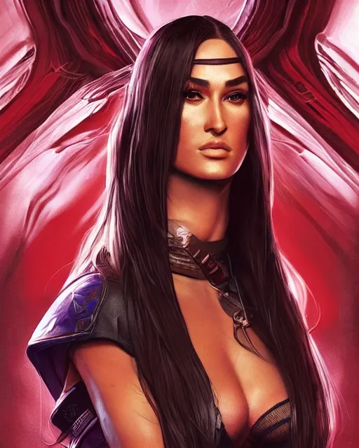 Prompt: Nikki Bella as an Apex Legends character digital illustration portrait design by, Mark Brooks and Brad Kunkle detailed, gorgeous lighting, wide angle action dynamic portrait