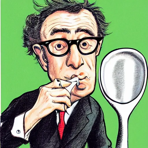 Image similar to woody allen kissing a large spoon, caricature, mad magazine, by mort drucker