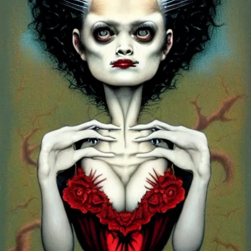 Prompt: bride of frankenstein in the style of nicoletta ceccoli, mark ryden, lostfish, earl norem, surrealism, dark art by james jean, takato yamamoto