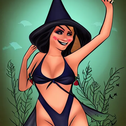 Prompt: witch in a bikini, digital art, smiling, flirting, eye contact, long shot