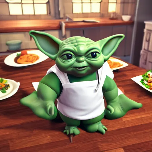 Prompt: hungry chubby babyfat baby yoda as chef wearing white chefs hat and white apron, giving thumbs up next to a plate of food, vegetables, photography, hyperrealism, unreal engine, octane 3 d render, houdini, unity 3 d, highres, adobe premier pro, trending on artstation, trending on deviantart, thisistheway
