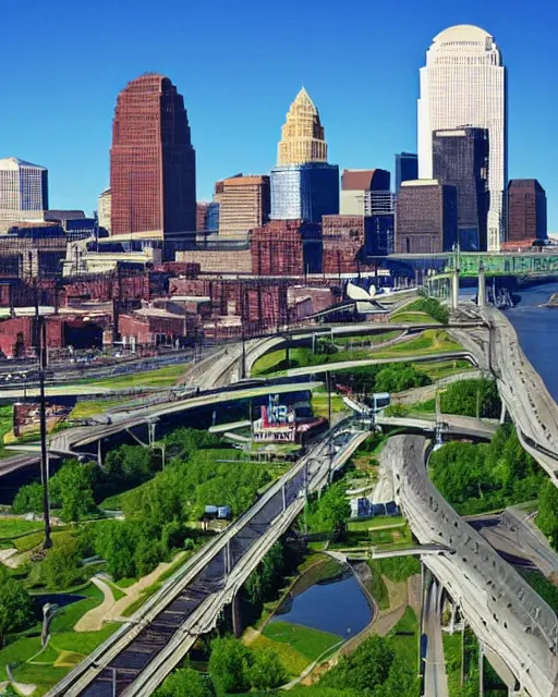 Image similar to Cleveland Ohio as a green energy futuristic megalopolis with 100 million people, beautiful parks, futuristic train and transportation systems
