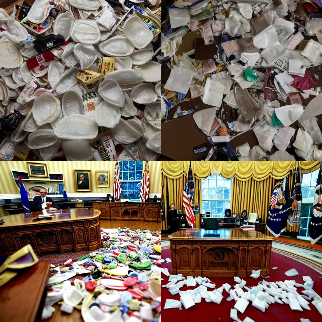 Prompt: oval office filled with hamburger wrappers and other garbage, 4K associated press photo