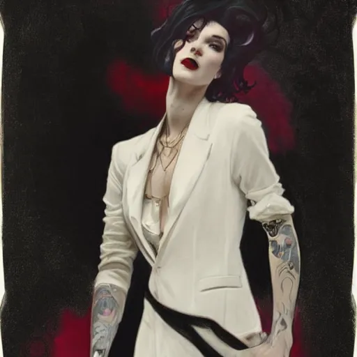 Image similar to beautiful portrait of androgynous ruby rose as desire from sandman in a white tuxedo!!!, rockabilly style, by alphonse mucha, cedric peyravernay, by jeremy mann, by frank moth, white suit and black tie, soft lightning, high detailed, 8 k