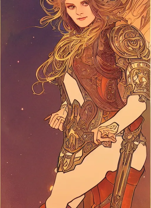 Prompt: elegant paladin in copper colored plate armor who looks like young michelle pfeiffer, moonlight in the background, illustration by alphonse mucha, soft lighting, HD, sharp focus, intricate, masterpiece, concept art, character design