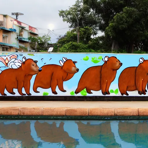 Prompt: digital street art a bunch of capybaras in the community pool