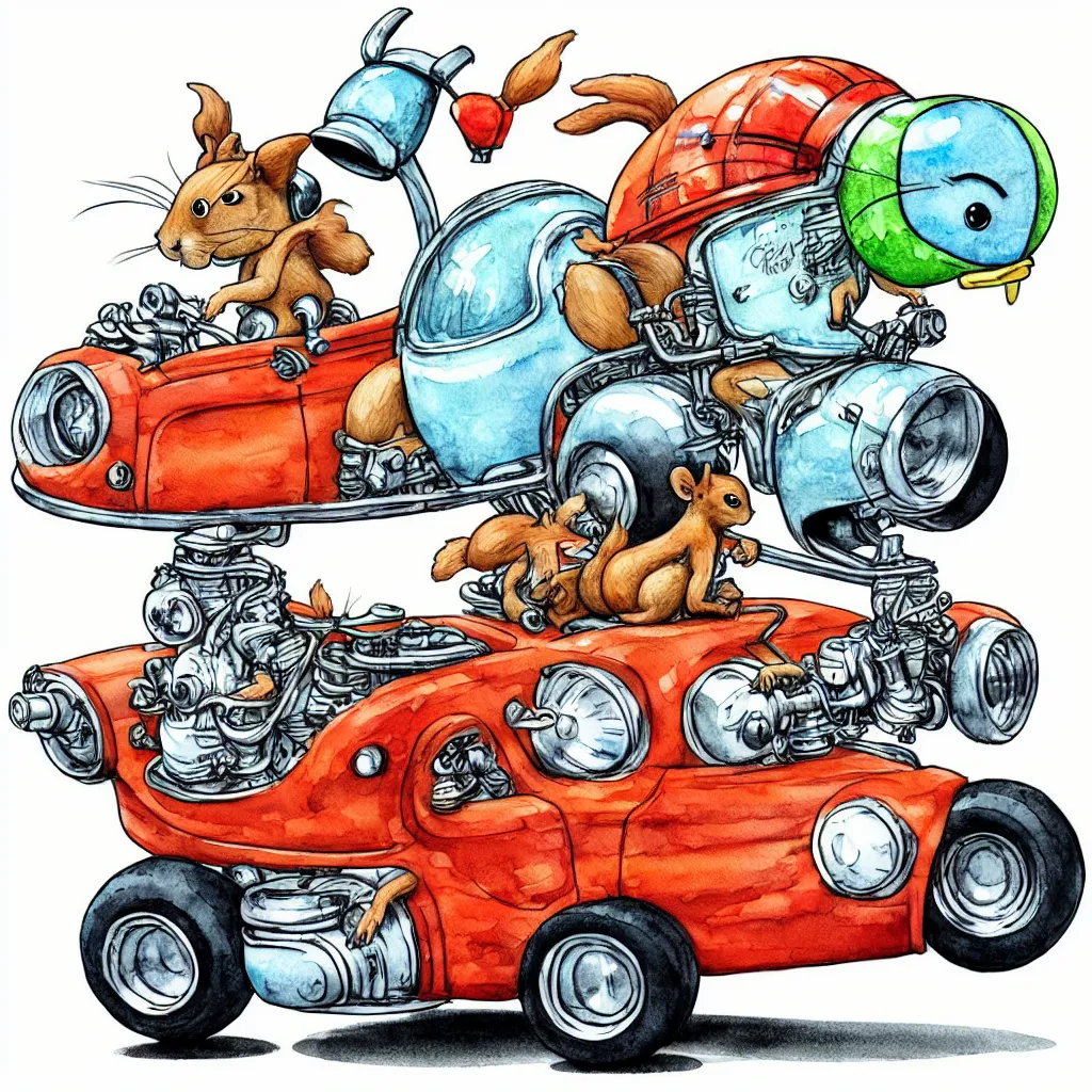 Image similar to cute and funny, squirrel wearing a helmet riding in a hot rod with oversized engine, ratfink style by ed roth, centered award winning watercolor pen illustration, isometric illustration by chihiro iwasaki, edited by range murata, tiny details by artgerm and watercolor girl, symmetrically isometrically centered, sharply focused