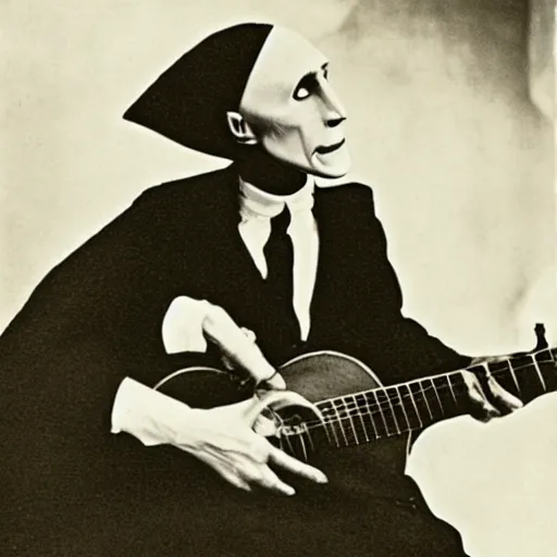 Image similar to max schreck nosferatu playing acoustic guitar and singing the blues, 1 9 2 0 s, alabama