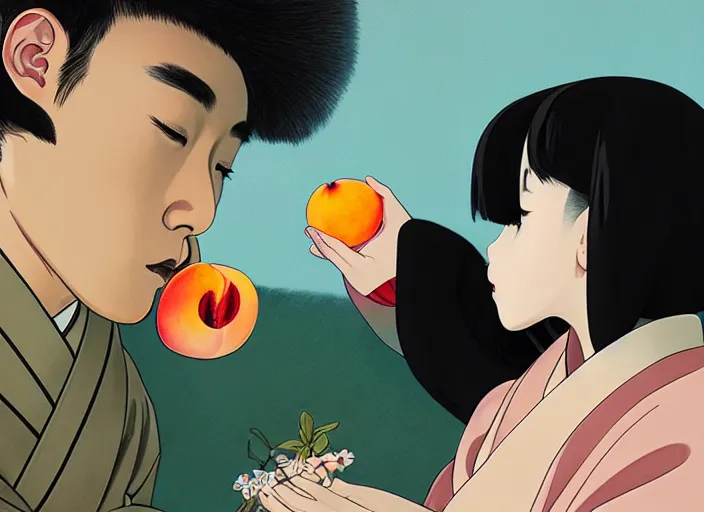 Prompt: painting of a girl wearing a kimono giving a peach to a large anthropomorphic asian black bear, colored ink painting, featured in artstation, artgerm, octane render, award winning, cinematic, elegant, intricate, 8 k, close up, in the style of studio ghibli and heikala and alphonse mucha,