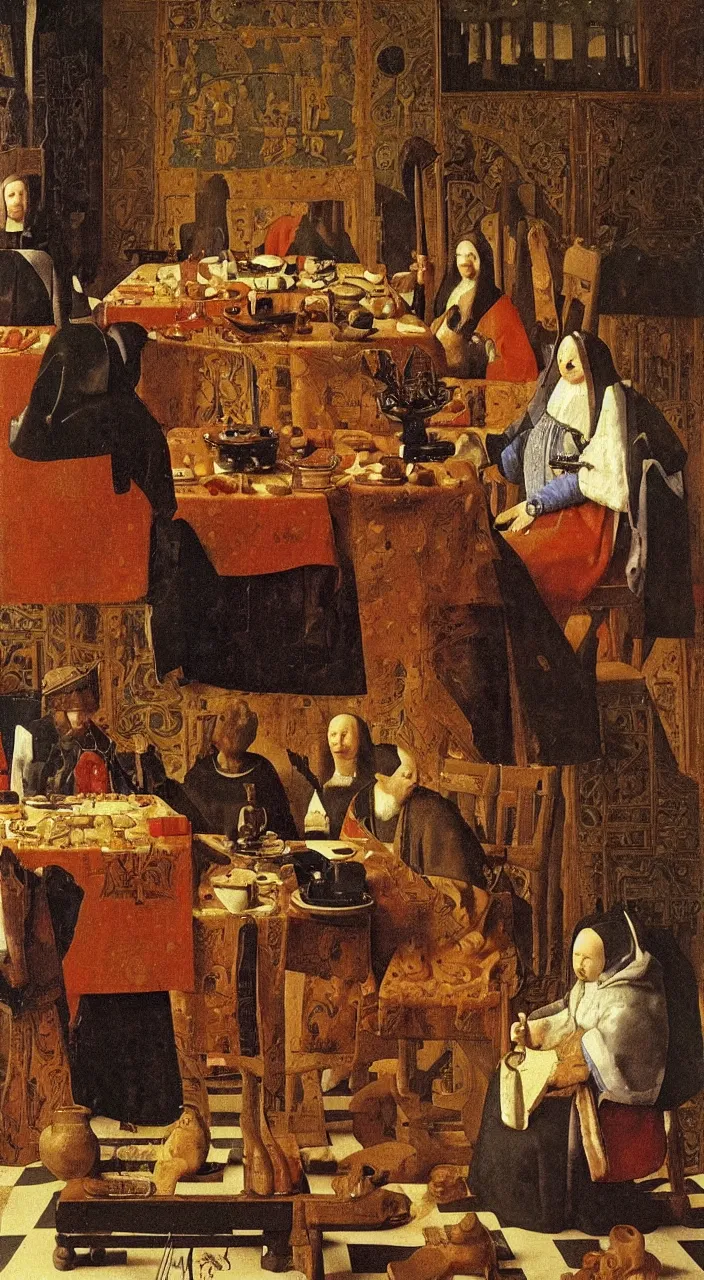 Prompt: Noble lunch. They dined in a large, richly furnished room. There were a lot of food on the table. Medieval painting by Jan van Eyck, Johannes Vermeer, Florence,