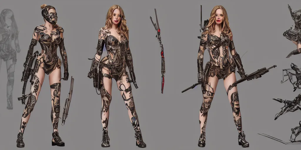 Image similar to halston sage as a tattooed armored pinup warrior, character sheet, concept design, contrast, hot toys, kim jung gi, greg rutkowski, zabrocki, karlkka, jayison devadas, trending on artstation, 8 k, ultra wide angle, pincushion lens effect