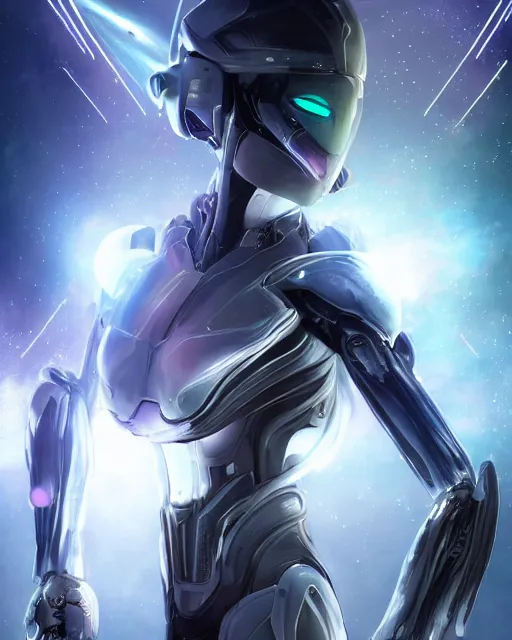 Prompt: photo of a android girl on a mothership, warframe armor, beautiful face, scifi, nebula, futuristic background, galaxy, raytracing, dreamy, atrractive, atmosphere, sparks of light, smiling, white hair, blue cyborg eyes, glow, insanely detailed, intricate, innocent, art by akihiko yoshida, antilous chao, voidstar