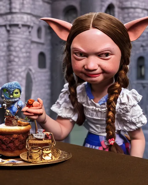 Image similar to highly detailed closeup, face profile portrait of a tin toy greta thunberg as a medieval goblin eating cakes in a castle, bikini, depth of field, nicoletta ceccoli, mark ryden, lostfish, dan decarlo, bob clampett, max fleischer, detailed and intricate environment, 8 k resolution, hyperrealistic, octane render