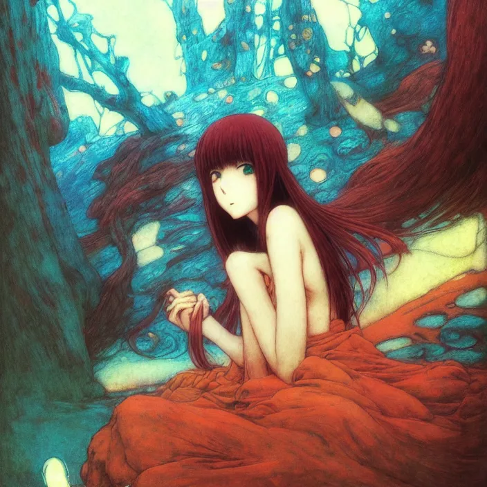 Image similar to mamimi samejima, psychedelic background, female anime character, Lain, uwu, uwu, Luminism Romanticism by John William Waterhouse Beksinski Finnian MacManus Ruan Jia, uwu Hi-Fructose, Artstation, HD, HDR, High Resolution, 1024x1024, technological rings, giygas, demon souls, bloodborne boss