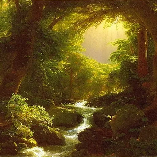 Prompt: there is a stream flowing through a peaceful forest. the sun shines through the trees, dappling the ground with light. the stream babbles gently. an oil painting by thomas cole