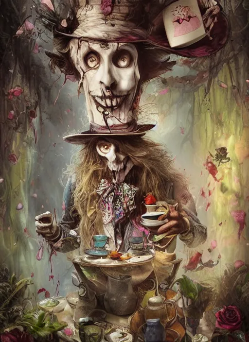 Prompt: Mad Hatter drinking tea with Alice in wonderland,death tarot card,highly detailed,half skull face,cinematic,8k,by Stanley Artgermm,Tom Bagshaw,Greg Rutkowski,Carne Griffiths, Ayami Kojima, Beksinski, Giger,trending on DeviantArt,hyper detailed,horror, full of colour