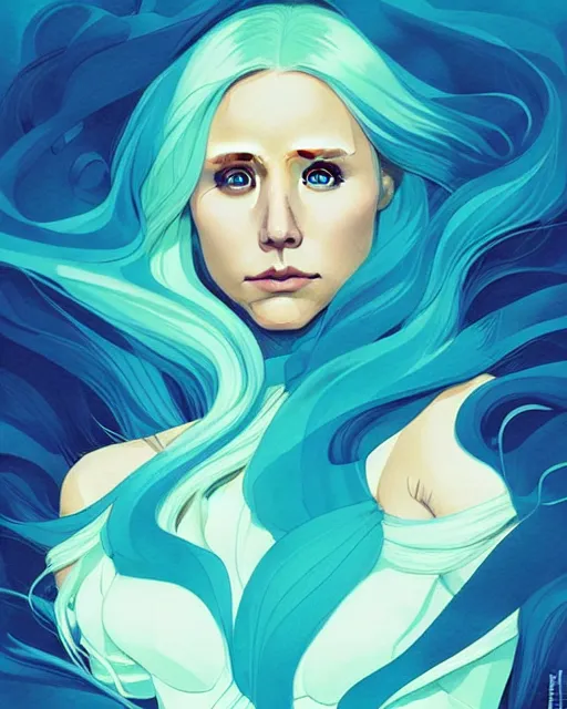 Prompt: style artgerm, joshua middleton, beautiful kristen bell with green dress, very long blue hair, water powers water swirling, symmetrical face, symmetrical eyes, detailed, beach setting, cinematic lighting