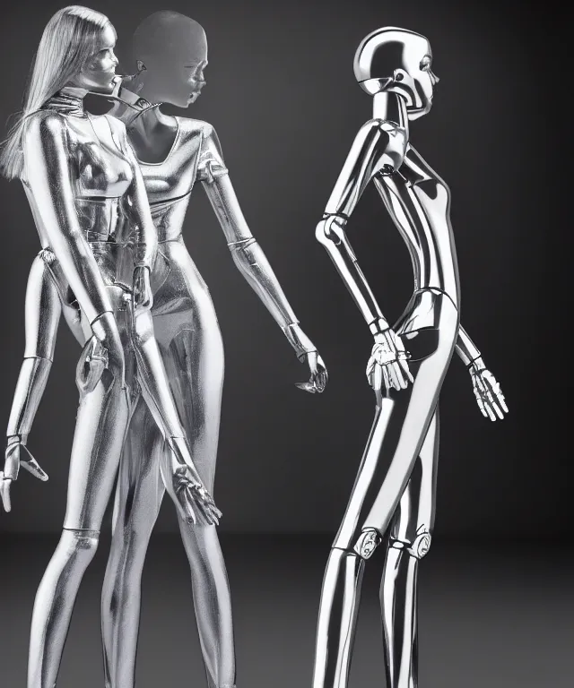 Image similar to victoria's secret model is standing and a silver robot is touching model and robot's head is partially morphed into copy of the model's head, realistic, 4 k