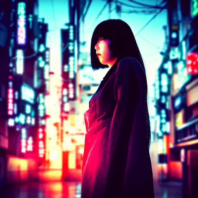 Prompt: a photo close up cyberpunk mysterious woman stands in a cyberpunk hiroshima, prefecture streets, sunset, photorealistic, cinematic lighting, highly detailed, bokeh, style by tomino - sama